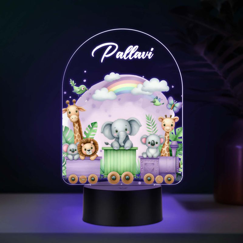 Personalized Safari Animal Train UV Print 3D Multicolor LED Night Light Custom Name Kids Lamp